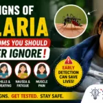 Featured infographic showing the early signs of malaria, including high fever, headache, chills, sweating, nausea, fatigue, and muscle pain, with a mosquito and sick patient illustration. Early symptoms of malaria that should never be ignored.