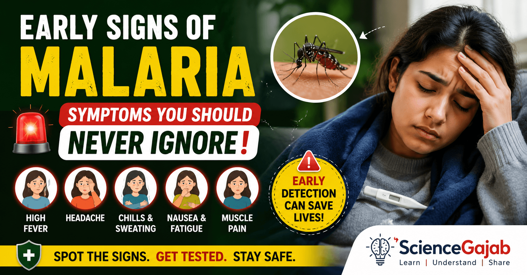 Featured infographic showing the early signs of malaria, including high fever, headache, chills, sweating, nausea, fatigue, and muscle pain, with a mosquito and sick patient illustration. Early symptoms of malaria that should never be ignored.