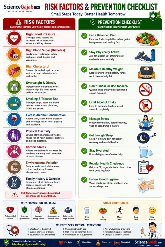 Vitamin K deficiency risk factors and prevention checklist infographic highlighting the major causes of low vitamin K levels, including poor dietary intake, prolonged antibiotic use, liver disease, fat malabsorption disorders, inflammatory bowel disease, pancreatic disease, newborn age, and long-term use of blood-thinning medications such as warfarin. The infographic also provides a prevention checklist with vitamin K-rich foods, maintaining a balanced diet, supporting gut health, treating underlying digestive conditions, regular medical check-ups, and following healthcare advice when taking anticoagulants. Educational medical infographic with ScienceGajab branding on a clean white background.