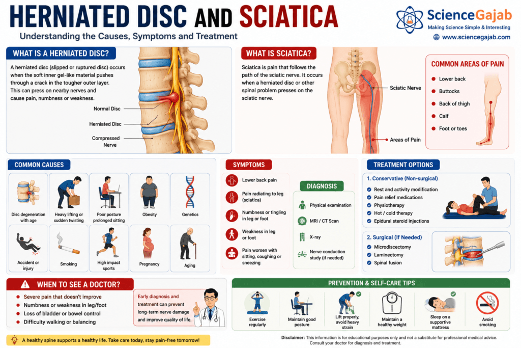 Medical infographic explaining herniated disc and sciatica, showing a compressed spinal disc, sciatic nerve pathway, common causes, symptoms, diagnosis, treatment options, pain areas, warning signs, and prevention tips