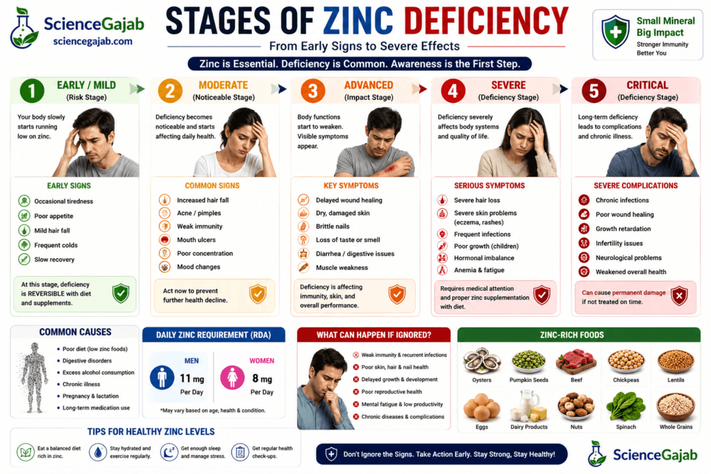 Infographic showing the progression of zinc deficiency from mild symptoms to severe complications.