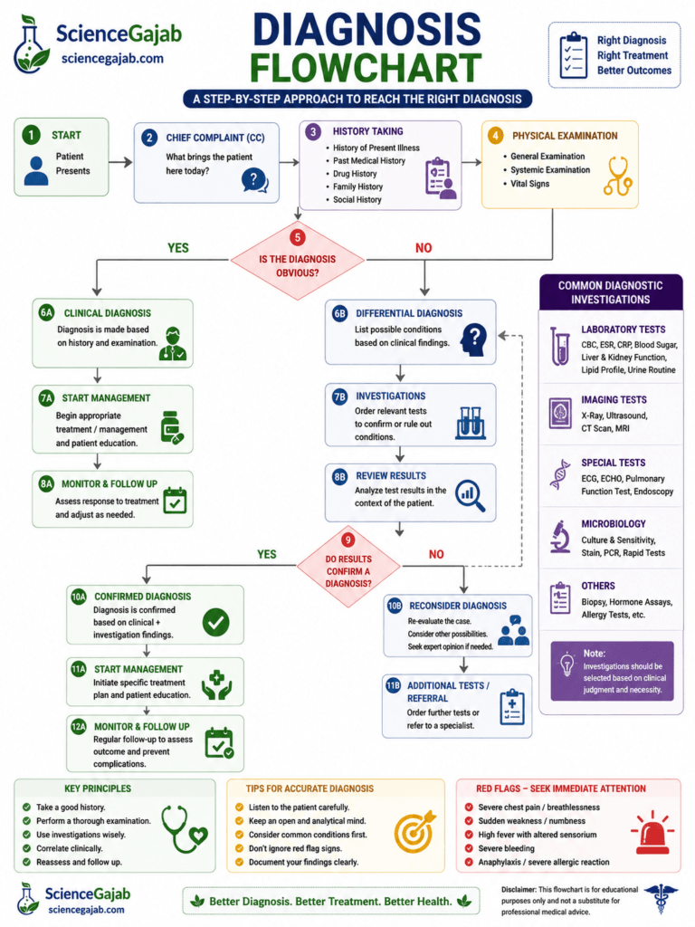 Medical diagnosis flowchart infographic illustrating the step-by-step clinical evaluation process, including patient presentation, chief complaint, history taking, physical examination, decision points, differential diagnosis, laboratory and imaging investigations, review of test results, diagnosis confirmation, treatment planning, referral when needed, and follow-up care. Also includes common diagnostic tests, key clinical principles, red flag warning signs requiring urgent attention,