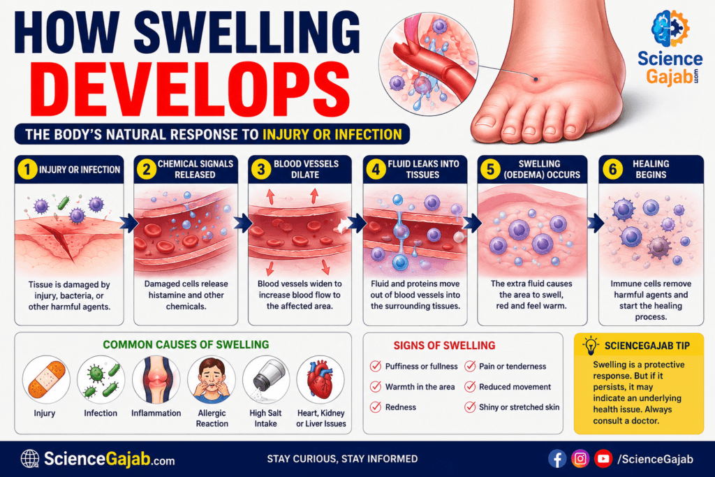 edical infographic titled "How Swelling Develops" showing the step-by-step process of inflammation. It illustrates injury or infection triggering chemical signals, blood vessel dilation, fluid leaking into surrounding tissues, swelling (edema), and the healing process. The infographic also highlights common causes of swelling, warning signs such as redness, warmth, pain, and reduced movement, with realistic anatomical illustrations