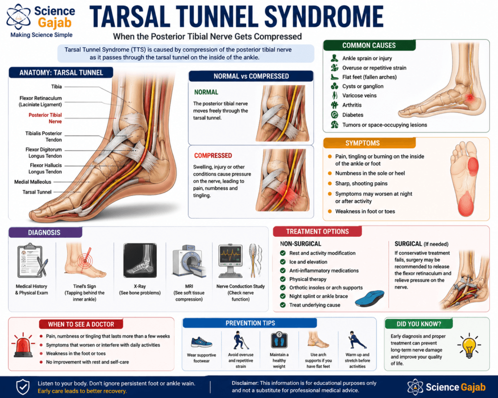 Educational infographic illustrating Tarsal Tunnel Syndrome, a condition caused by compression of the posterior tibial nerve within the tarsal tunnel. The diagram includes ankle anatomy, comparison of a normal versus compressed nerve, common causes such as flat feet and ankle injuries, symptoms including foot pain, tingling, burning, and numbness, diagnostic tests, treatment options, prevention strategies, and signs indicating when to seek medical care.