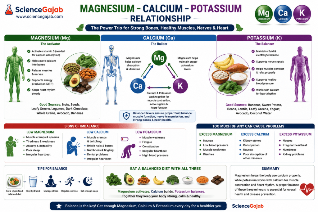 Medical infographic illustrating the relationship between magnesium, calcium, and potassium in the human body. The chart explains how magnesium supports calcium absorption, calcium strengthens bones and muscles, and potassium helps regulate muscle contractions, nerve signals, fluid balance, and heart rhythm. It includes a visual diagram showing the interaction between the three minerals, symptoms of deficiencies and excess, dietary sources such as leafy greens, nuts, seeds, bananas, legumes, yogurt, and avocado, plus tips for maintaining mineral balance.