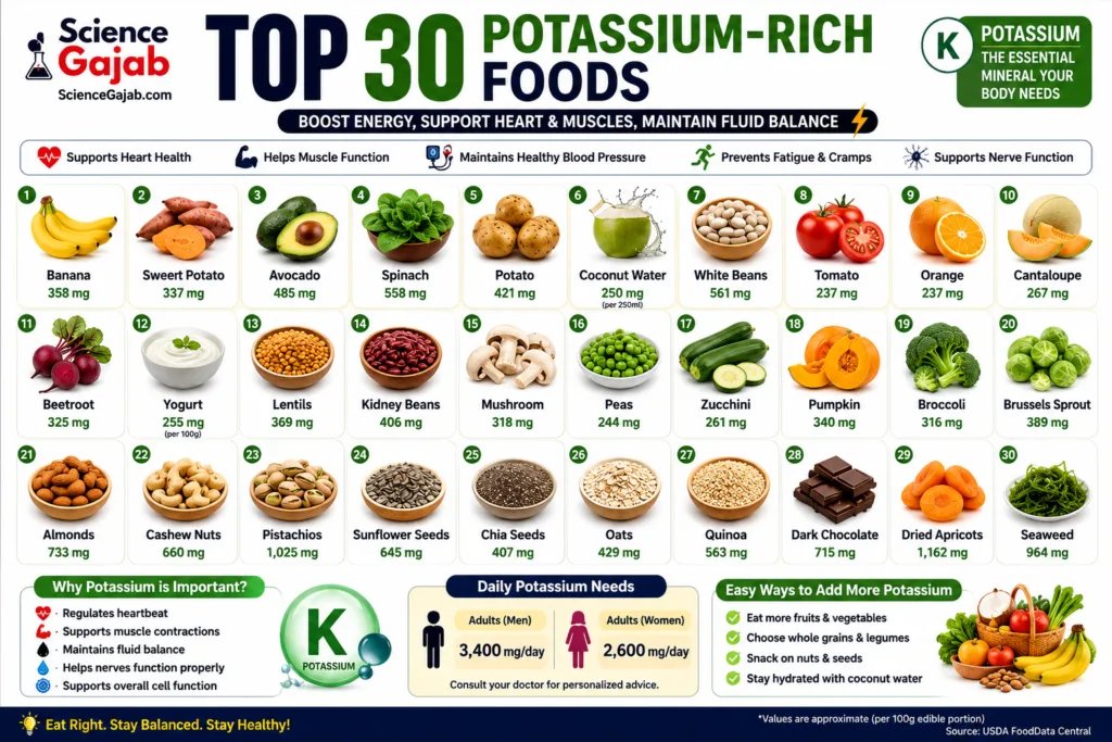 Top 30 Potassium-Rich Foods infographic featuring bananas, sweet potatoes, avocados, spinach, potatoes, coconut water, beans, tomatoes, oranges, yogurt, lentils, broccoli, pumpkin, nuts, seeds, quinoa, oats, dried apricots, dark chocolate, and other potassium-rich foods. The medical nutrition chart highlights potassium content, heart health, muscle function, nerve support, fluid balance, and daily potassium requirements. Premium white-background