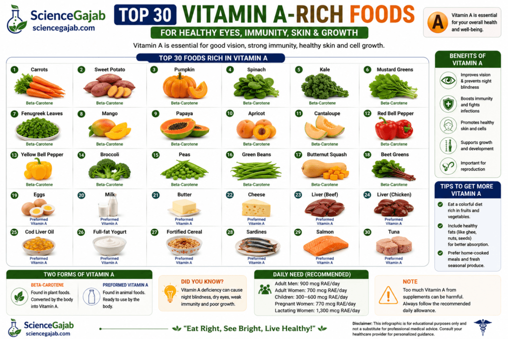 Infographic featuring the top 30 vitamin A-rich foods arranged in a numbered grid, including carrots, sweet potatoes, pumpkin, spinach, kale, mustard greens, fenugreek leaves, mangoes, papaya, apricots, cantaloupe, bell peppers, broccoli, peas, green beans, butternut squash, beet greens, eggs, milk, butter, cheese, beef liver, chicken liver, cod liver oil, yogurt, fortified cereals, sardines, salmon, and tuna. Includes vitamin A health benefits for vision, immunity, skin, and growth, daily recommended intake, beta-carotene versus preformed vitamin A, nutrition tips,