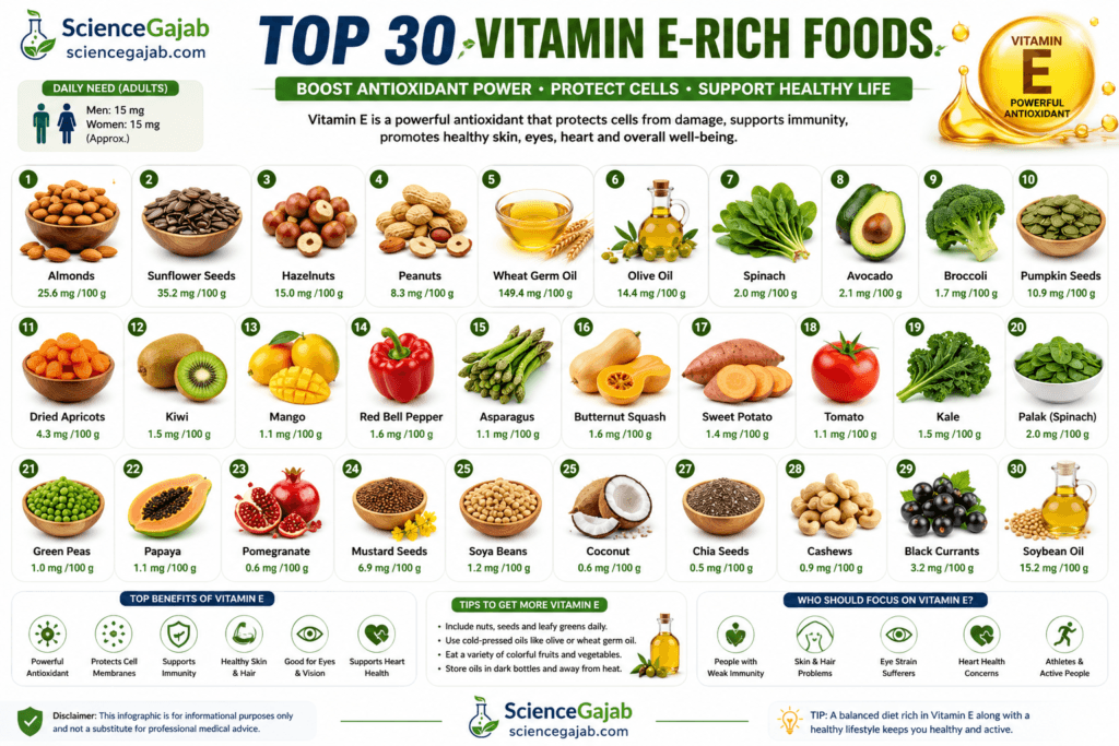 Infographic featuring the top 30 vitamin E-rich foods arranged in a numbered grid, including almonds, sunflower seeds, hazelnuts, peanuts, wheat germ oil, olive oil, spinach, avocado, broccoli, pumpkin seeds, dried apricots, kiwi, mango, red bell pepper, asparagus, butternut squash, sweet potato, tomato, kale, papaya, green peas, pomegranate, mustard seeds, soybeans, coconut, chia seeds, cashews, black currants, and soybean oil. Includes vitamin E content per 100 g, antioxidant health benefits, daily requirements, nutrition tips,