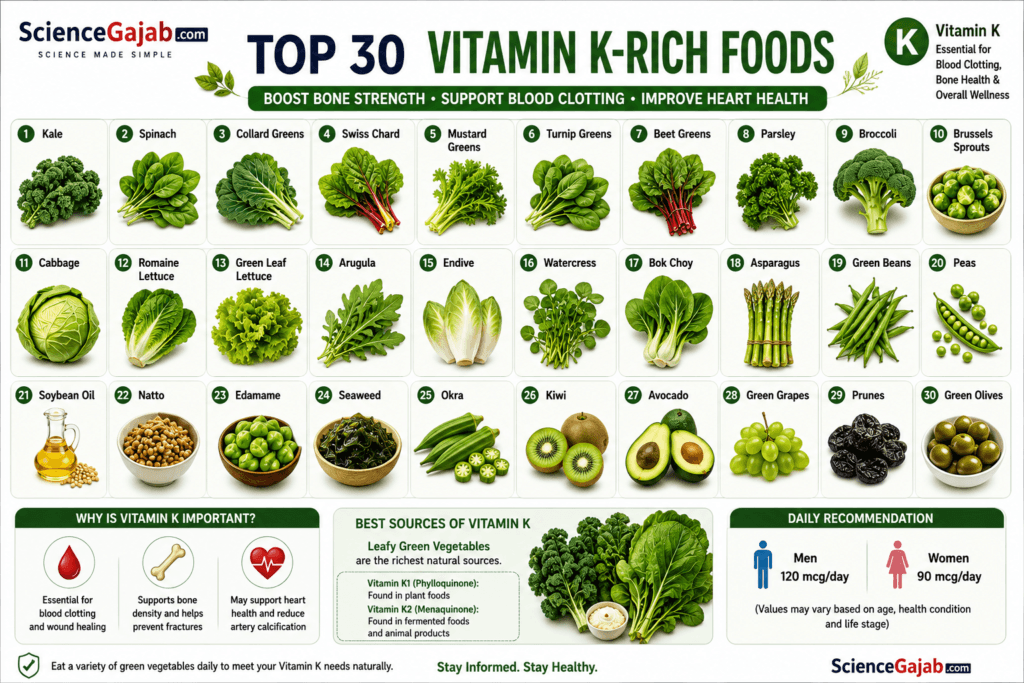 Top 30 Vitamin K-Rich Foods infographic featuring the best natural food sources of vitamin K, including kale, spinach, collard greens, broccoli, Brussels sprouts, cabbage, parsley, bok choy, asparagus, natto, edamame, seaweed, okra, kiwi, avocado, prunes, and green olives. The infographic explains vitamin K's role in blood clotting, bone health, wound healing, and heart health, along with recommended daily intake for adults. Educational nutrition infographic