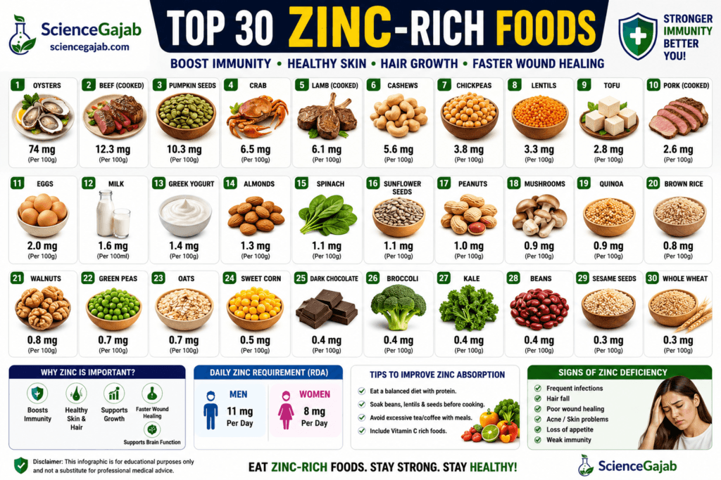 High-CTR infographic showcasing the top 30 zinc-rich foods in a numbered grid with estimated zinc content per 100 grams. Features oysters, beef, pumpkin seeds, crab, lamb, cashews, chickpeas, lentils, tofu, pork, eggs, milk, Greek yogurt, almonds, spinach, sunflower seeds, peanuts, mushrooms, quinoa, brown rice, walnuts, green peas, oats, sweet corn, dark chocolate, broccoli, kale, beans, sesame seeds, and whole wheat. Also includes the health benefits of zinc for immunity, skin, hair growth, wound healing, recommended daily intake for men and women, signs of zinc deficiency, absorption tips, and ScienceGajab branding on a clean white medical background.