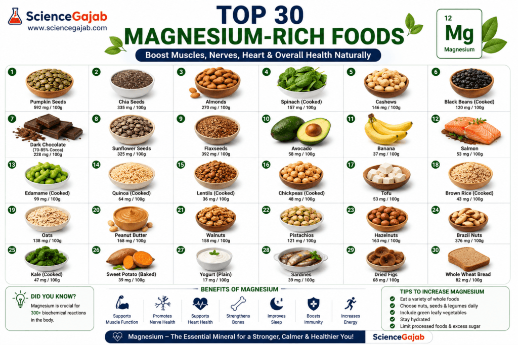 Infographic showcasing the top 30 magnesium-rich foods arranged in a numbered grid. Foods include pumpkin seeds, chia seeds, almonds, spinach, cashews, black beans, dark chocolate, sunflower seeds, flaxseeds, avocado, bananas, salmon, edamame, quinoa, lentils, chickpeas, tofu, brown rice, oats, peanut butter, walnuts, pistachios, Brazil nuts, hazelnuts, kale, sweet potatoes, yogurt, sardines, dried figs, and whole wheat bread. The infographic also highlights magnesium's benefits for muscles, nerves, heart health, energy production, sleep, and bone health,