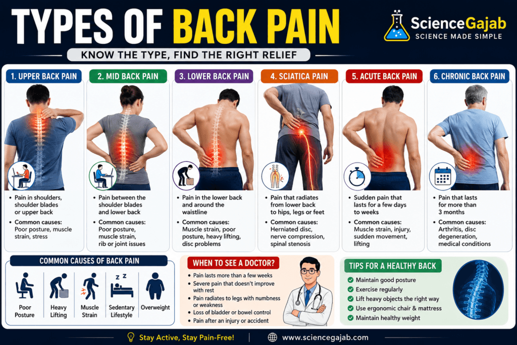 Medical infographic showing the main types of back pain: upper back pain, middle back pain, lower back pain, sciatica, acute back pain, and chronic back pain. The illustration highlights pain locations on the spine, common symptoms, causes, when to see a doctor, and healthy back care tips.