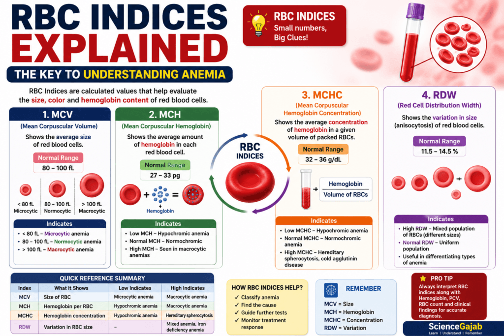 RBC Indices explained infographic showing MCV, MCH, MCHC, and RDW with normal ranges, red blood cell diagrams, and how RBC indices help diagnose different types of anemia.