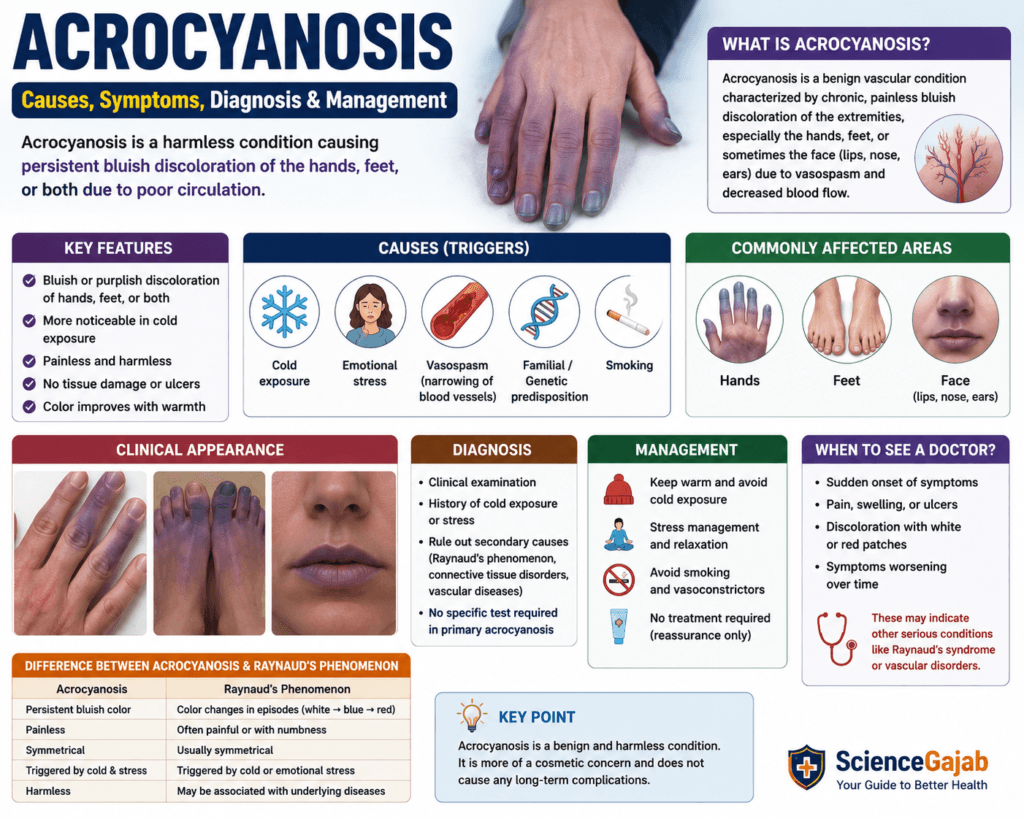 Acrocyanosis infographic showing bluish discoloration of the hands and feet, causes, symptoms, diagnosis, treatment, affected areas, and comparison with Raynaud's phenomenon
