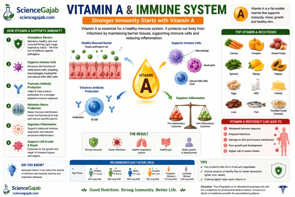 Medical infographic illustrating how vitamin A supports the immune system by strengthening mucosal barriers, enhancing white blood cell function, promoting antibody production, regulating inflammation, and supporting cell growth and repair. Features immune cells, antibodies, protective tissue barriers, cytokine balance, and vitamin A-rich foods including carrots, pumpkin, sweet potatoes, spinach, mangoes, papaya, eggs, milk, cheese, liver, fish, and fortified cereals. Also highlights the effects of vitamin A deficiency, recommended daily intake, immune health benefits,
