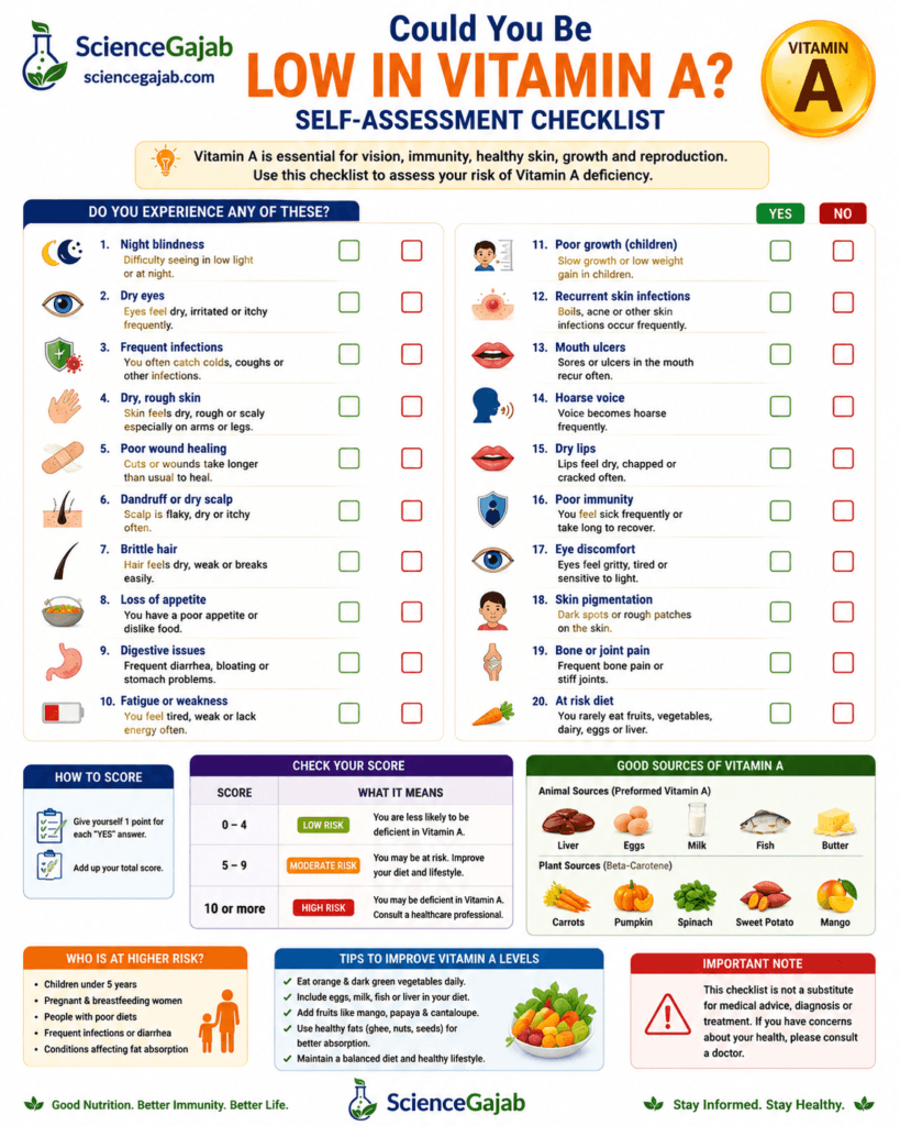Self-assessment infographic titled “Could You Be Low in Vitamin A?” featuring a checklist of common vitamin A deficiency symptoms such as night blindness, dry eyes, frequent infections, dry skin, slow wound healing, poor growth, mouth ulcers, fatigue, poor immunity, and eye discomfort with Yes/No checkboxes. Includes a risk score guide, high-risk groups, vitamin A-rich food sources such as liver, eggs, milk, fish, carrots, pumpkin, spinach, sweet potatoes, and mangoes, plus tips to improve vitamin A intake and ScienceGajab branding on a clean white medical background