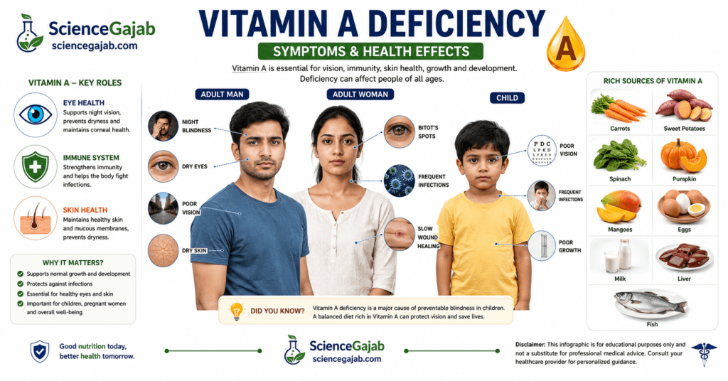 Medical infographic showing common vitamin A deficiency symptoms including night blindness, dry eyes, poor vision, frequent infections, and vitamin A-rich foods.