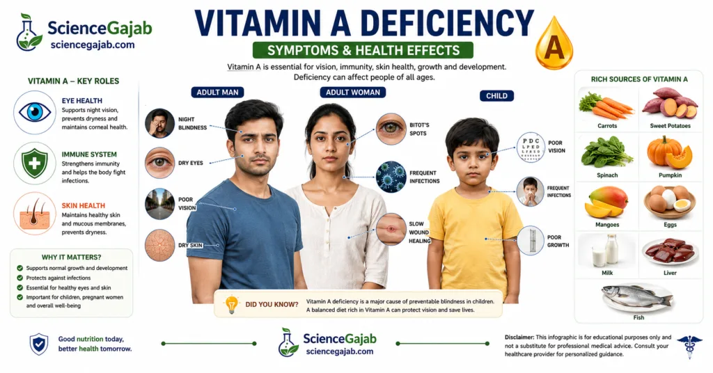Medical infographic showing common vitamin A deficiency symptoms including night blindness, dry eyes, poor vision, frequent infections, and vitamin A-rich foods.