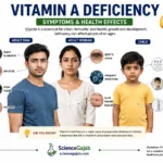 Medical infographic showing common vitamin A deficiency symptoms including night blindness, dry eyes, poor vision, frequent infections, and vitamin A-rich foods.