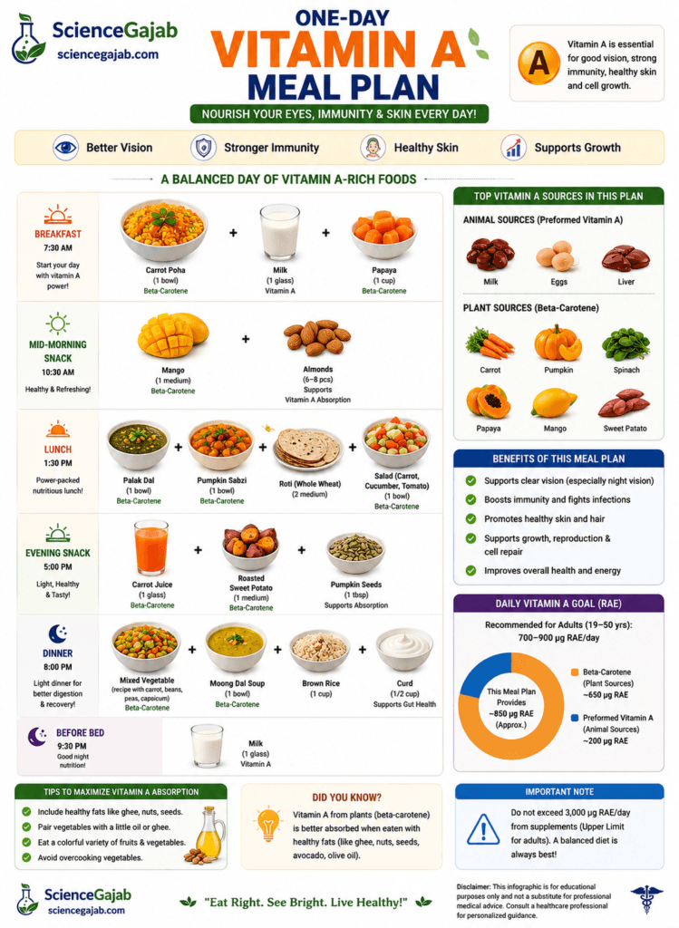 Infographic showing a one-day vitamin A meal plan with breakfast, mid-morning snack, lunch, evening snack, dinner, and bedtime snack. Features vitamin A-rich foods including carrots, papaya, mango, spinach, pumpkin, sweet potatoes, milk, eggs, liver, almonds, pumpkin seeds, whole grains, yogurt, and mixed vegetables. Includes meal timing, key health benefits for vision, immunity, skin, and growth, recommended daily vitamin A intake (RAE), absorption tips,