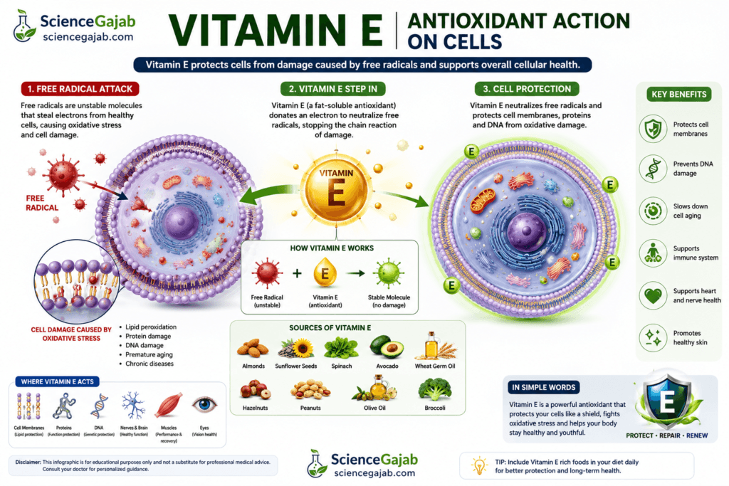 Medical infographic illustrating the antioxidant action of vitamin E on cells, showing free radicals attacking a cell membrane, vitamin E neutralizing oxidative stress, and protecting healthy cells from lipid, protein, and DNA damage. Includes sources of vitamin E such as almonds, sunflower seeds, spinach, avocado, wheat germ oil, hazelnuts, peanuts, olive oil, and broccoli, along with antioxidant, cell protection, nerve, eye, and immune health icons on a white medical background with ScienceGajab branding.