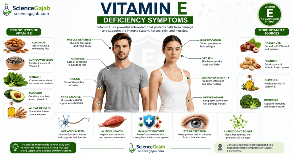 Medical infographic showing common vitamin E deficiency symptoms including muscle weakness, numbness, poor balance, blurred vision, and vitamin E-rich foods.