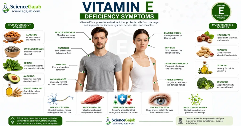 Medical infographic showing common vitamin E deficiency symptoms including muscle weakness, numbness, poor balance, blurred vision, and vitamin E-rich foods.