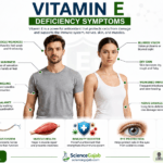 Medical infographic showing common vitamin E deficiency symptoms including muscle weakness, numbness, poor balance, blurred vision, and vitamin E-rich foods.