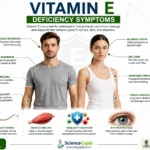 Medical infographic showing common vitamin E deficiency symptoms including muscle weakness, numbness, poor balance, blurred vision, and vitamin E-rich foods.