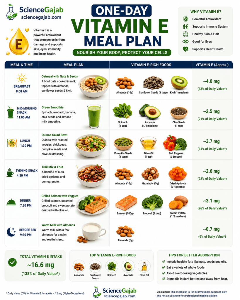 Infographic showing a one-day vitamin E meal plan with breakfast, mid-morning snack, lunch, evening snack, dinner, and bedtime snack. Features vitamin E-rich foods including almonds, sunflower seeds, spinach, avocado, chia seeds, pumpkin seeds, olive oil, hazelnuts, dried apricots, broccoli, sweet potato, kiwi, quinoa, and salmon, with estimated vitamin E content per meal, total daily intake, health benefits, absorption tips,