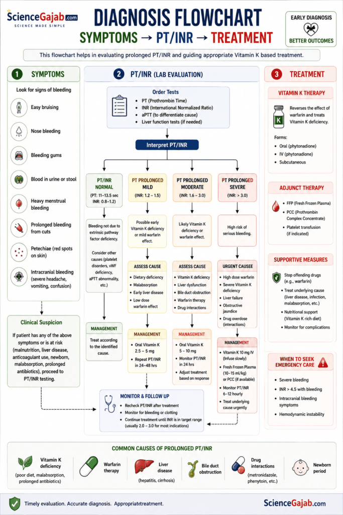 Vitamin K deficiency diagnosis flowchart infographic illustrating the step-by-step diagnostic pathway from symptoms to PT/INR testing and treatment. The medical flowchart begins with common symptoms such as easy bruising, nosebleeds, bleeding gums, prolonged bleeding, blood in stool, and heavy menstrual bleeding, followed by laboratory evaluation using Prothrombin Time (PT) and International Normalized Ratio (INR). It then outlines treatment options including vitamin K supplementation, dietary changes, supportive care, and emergency management for severe bleeding. The infographic also highlights common causes of prolonged PT/INR, follow-up monitoring, and clinical decision-