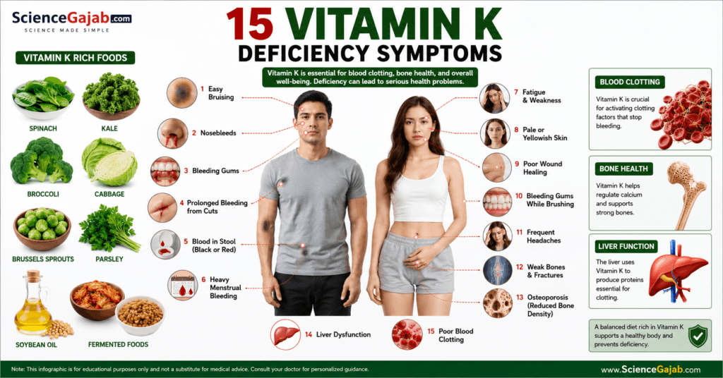 Medical infographic showing common vitamin K deficiency symptoms including easy bruising, bleeding gums, nosebleeds, and vitamin K-rich foods.