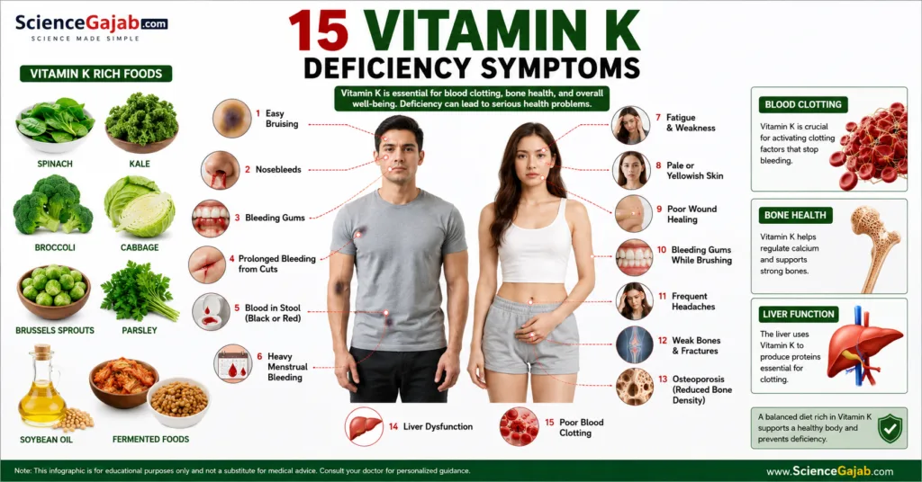 Medical infographic showing common vitamin K deficiency symptoms including easy bruising, bleeding gums, nosebleeds, and vitamin K-rich foods.