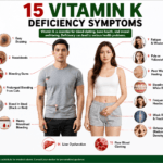 Medical infographic showing common vitamin K deficiency symptoms including easy bruising, bleeding gums, nosebleeds, and vitamin K-rich foods.