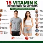 Medical infographic showing common vitamin K deficiency symptoms including easy bruising, bleeding gums, nosebleeds, and vitamin K-rich foods.