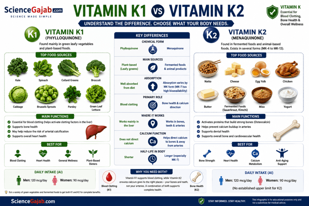 Vitamin K1 vs Vitamin K2 comparison infographic explaining the differences between phylloquinone (Vitamin K1) and menaquinone (Vitamin K2). The medical infographic compares food sources, absorption, functions, health benefits, and recommended daily intake. It features vitamin K1-rich foods such as kale, spinach, broccoli, cabbage, Brussels sprouts, and parsley, alongside vitamin K2-rich foods including natto, cheese, egg yolks, chicken, butter, yogurt, and fermented foods. The illustration highlights Vitamin K1's role in blood clotting and Vitamin K2's role in bone health, calcium metabolism, heart health, and arterial health. Educational infographic