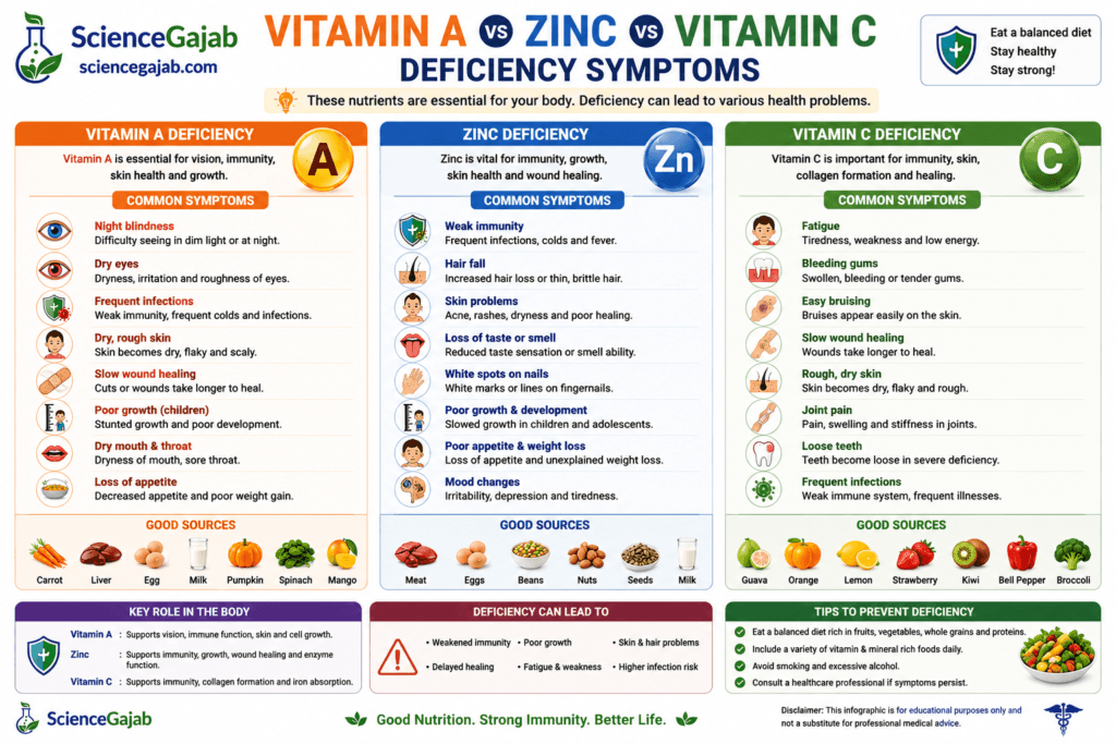 Comparison infographic showing symptoms of vitamin A, zinc, and vitamin C deficiencies in three side-by-side panels. The vitamin A section highlights night blindness, dry eyes, dry skin, frequent infections, slow wound healing, poor growth, dry mouth, and loss of appetite. The zinc section includes weakened immunity, hair loss, skin problems, loss of taste or smell, white spots on nails, poor growth, poor appetite, and mood changes. The vitamin C section features fatigue, bleeding gums, easy bruising, slow wound healing, rough skin, joint pain, loose teeth, and frequent infections. Also includes food sources for each nutrient, their key roles in the body, prevention tips,