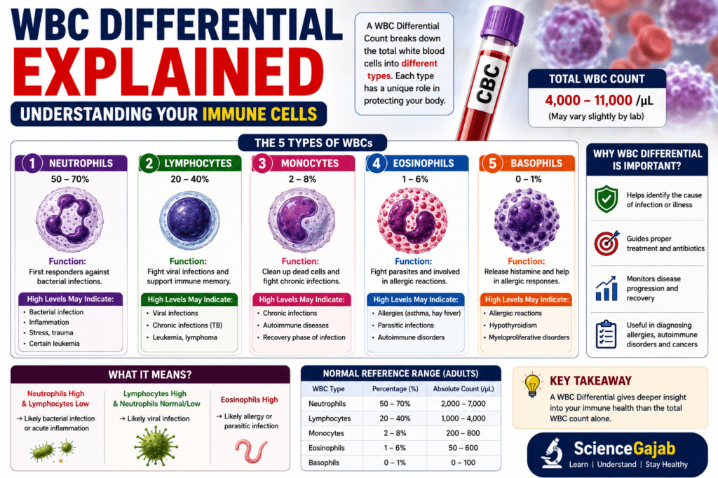WBC Differential explained infographic showing neutrophils, lymphocytes, monocytes, eosinophils, and basophils with normal percentage ranges, functions, and common conditions associated with high or low white blood cell counts