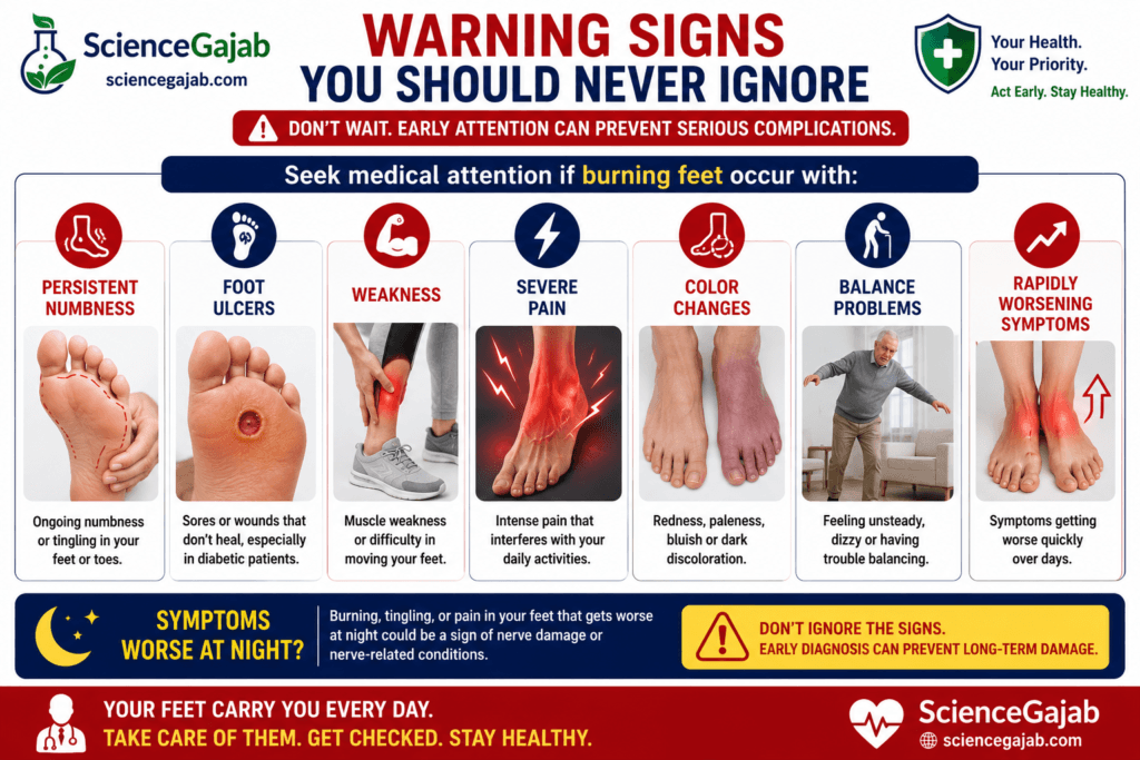 Medical warning signs infographic highlighting symptoms that should never be ignored in people with burning feet. Features urgent warning signs including persistent numbness or tingling, foot ulcers or non-healing wounds, muscle weakness, severe burning pain, skin color changes (redness, paleness, blue or dark discoloration), balance problems, rapidly worsening symptoms, and burning feet that become worse at night. Includes emergency warning icons, foot illustrations, guidance to seek prompt medical evaluation, and ScienceGajab branding on a clean white medical background.
