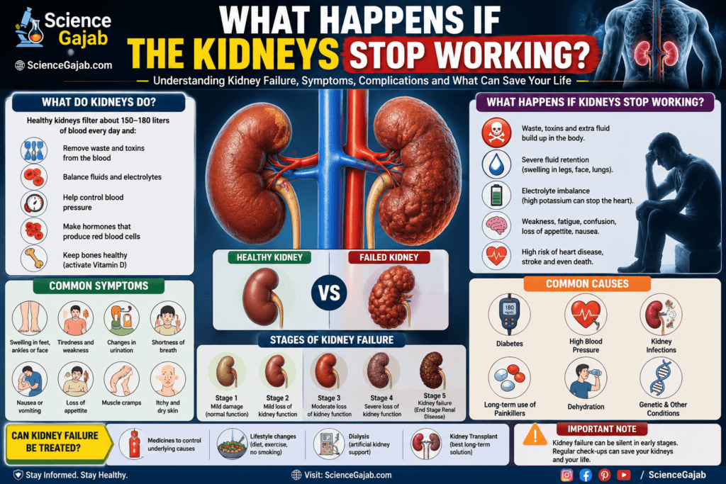 Educational infographic explaining what happens if the kidneys stop working, including kidney functions, symptoms of kidney failure, common causes, stages of chronic kidney disease, treatment options, and healthy vs failed kidney comparison.