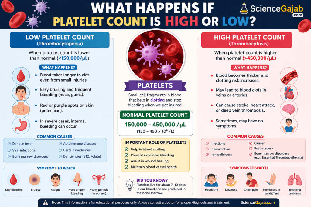 Infographic comparing high and low platelet counts, explaining the normal platelet range (150,000–450,000/µL), platelet function in blood clotting, common causes, symptoms, complications, and when high or low platelet levels may indicate underlying health conditions.