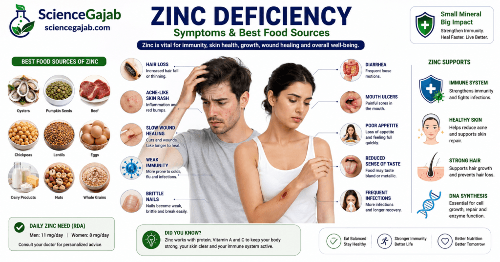 Medical infographic showing common zinc deficiency symptoms including hair loss, poor wound healing, mouth ulcers, weak immunity, and zinc-rich foods.