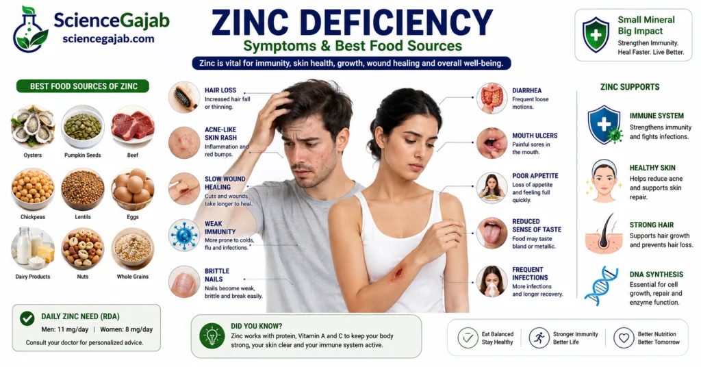 Medical infographic showing common zinc deficiency symptoms including hair loss, poor wound healing, mouth ulcers, weak immunity, and zinc-rich foods.