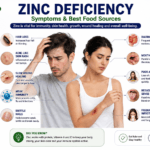 Medical infographic showing common zinc deficiency symptoms including hair loss, poor wound healing, mouth ulcers, weak immunity, and zinc-rich foods.