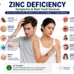 Medical infographic showing common zinc deficiency symptoms including hair loss, poor wound healing, mouth ulcers, weak immunity, and zinc-rich foods.
