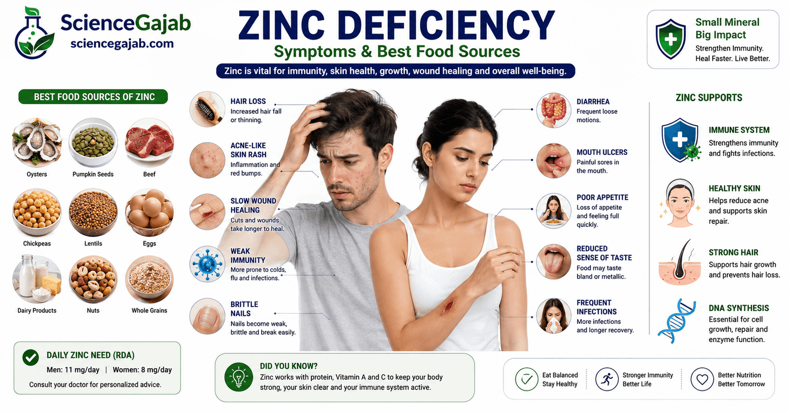 Medical infographic showing common zinc deficiency symptoms including hair loss, poor wound healing, mouth ulcers, weak immunity, and zinc-rich foods.