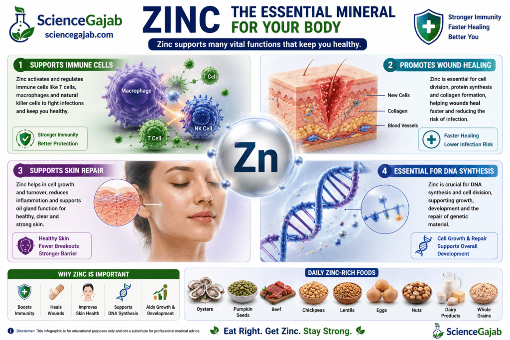 Medical infographic illustrating zinc's essential role in immune cell function, wound healing, skin repair, and DNA synthesis. Features immune cells such as macrophages, T cells, and natural killer (NK) cells, a skin cross-section showing tissue repair and collagen formation, healthy skin regeneration, a DNA double helix representing cell growth and genetic repair, and zinc-rich foods including oysters, pumpkin seeds, beef, chickpeas, lentils, eggs, dairy products, nuts, and whole grains. Includes immune shield, skin, wound healing, and DNA icons with ScienceGajab branding on a clean white medical background.