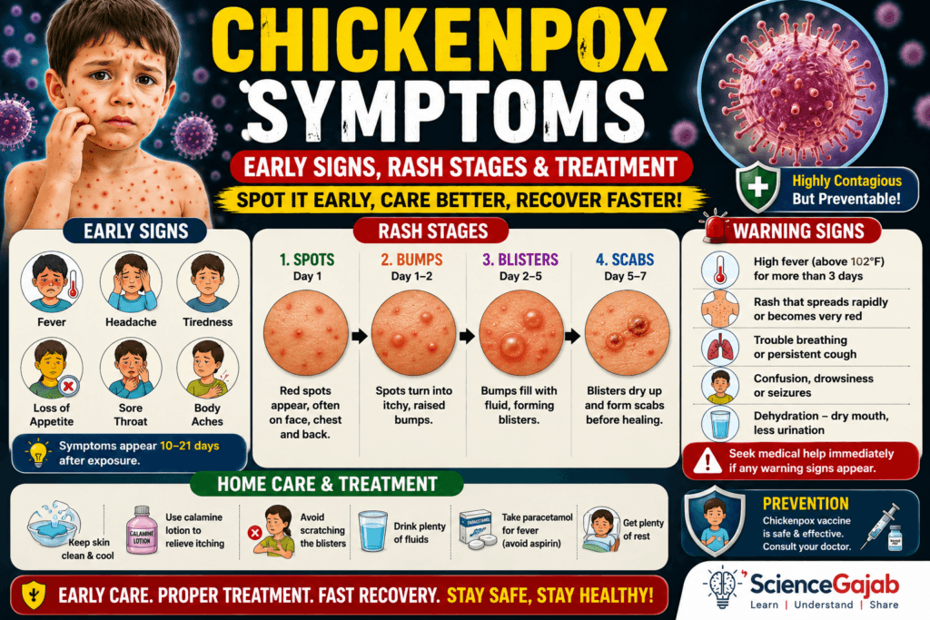 Infographic showing early symptoms of chickenpox, stages of the rash, warning signs, and home care tips with medical illustrations.