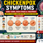 Infographic showing early symptoms of chickenpox, stages of the rash, warning signs, and home care tips with medical illustrations.