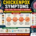 Infographic showing early symptoms of chickenpox, stages of the rash, warning signs, and home care tips with medical illustrations.